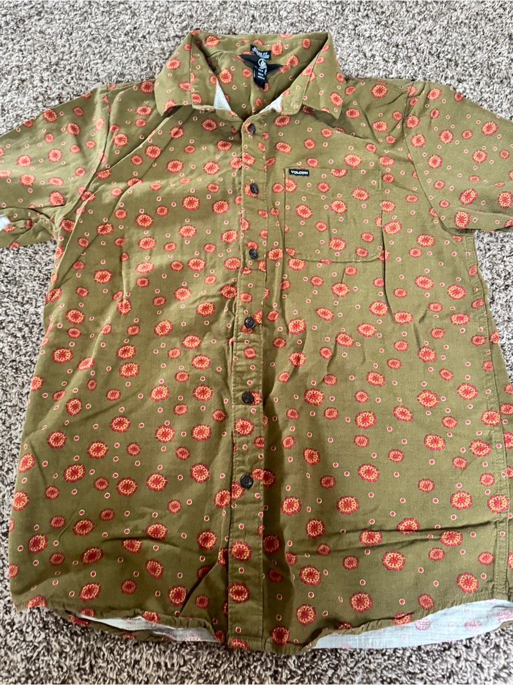 Volcom Olive Green Button-Down Shirt with Red Floral Print